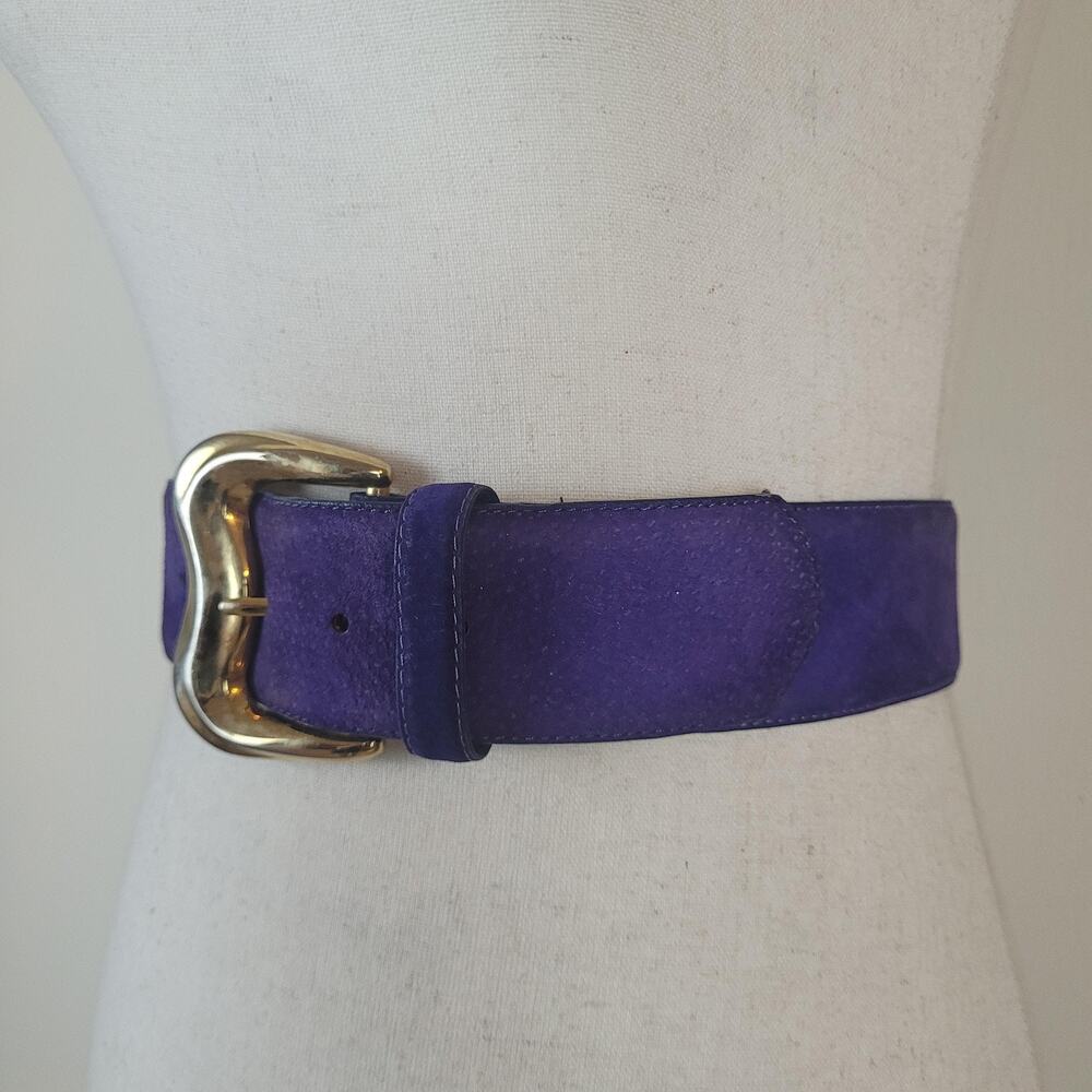 Vintage Purple Suede Leather Belt Small Wide Gold Sculptural Statement Waist 80s - Picture 3 of 8